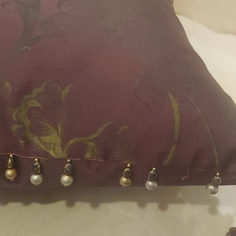2 Pc Vintage Silk Chocolate Brown Floral Down Pearl Beaded Embellishment Pillows
